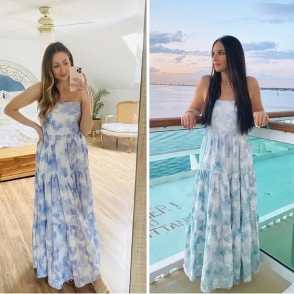 JONATHAN SIMKHAI Organic Cotton Blue & White Tiered Maxi Dress Flowy Sundress - Picture 9 of 14